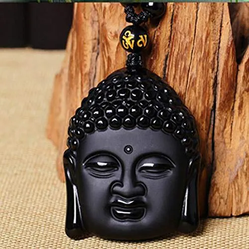 Necklaces Yellow Chimes Yellow Chimes Black Beads Necklace for WomenObsidian Hand Carved Healing Beads Yoga Reik Natural Stone God Buddha Long mala Amulet Necklace Pendant for Men and Women