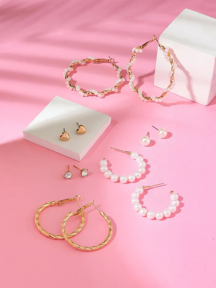 Necklaces Yellow Chimes Yellow Chimes Earrings for Women and Girls Fashion White Pearl Hoops Set Gold Plated Combo of 6 Pairs Stud Hoop Earring Set Birthday Gift for girls and women Anniversary Gift for Wife
