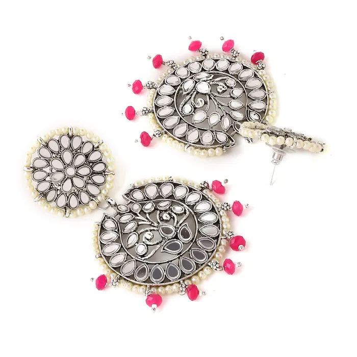 Necklaces Yellow Chimes Yellow Chimes Earrings For Women Silver Toned and Silver Oxidized Floral Designed Mirror Studded Jhumka Earrings For Women and Girls