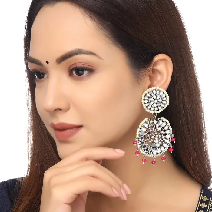 Necklaces Yellow Chimes Yellow Chimes Earrings For Women Silver Toned and Silver Oxidized Floral Designed Mirror Studded Jhumka Earrings For Women and Girls