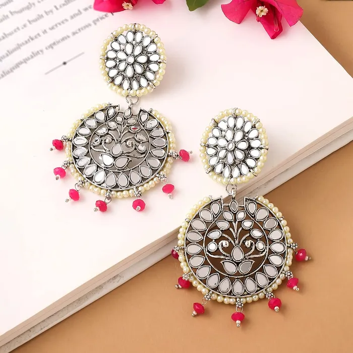 Necklaces Yellow Chimes Yellow Chimes Earrings For Women Silver Toned and Silver Oxidized Floral Designed Mirror Studded Jhumka Earrings For Women and Girls