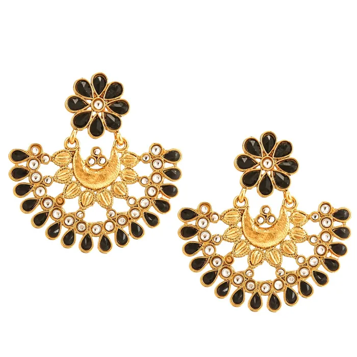 Necklaces Yellow Chimes Yellow Chimes Ethnic Black Kundan Studded Traditional Gold Plated Chand Bali Earrings for Women and Girls Necklaces Yellow Chimes Yellow Chimes Ethnic Black Kundan Studded Traditional Gold Plated Chand Bali Earrings for Women and Girls