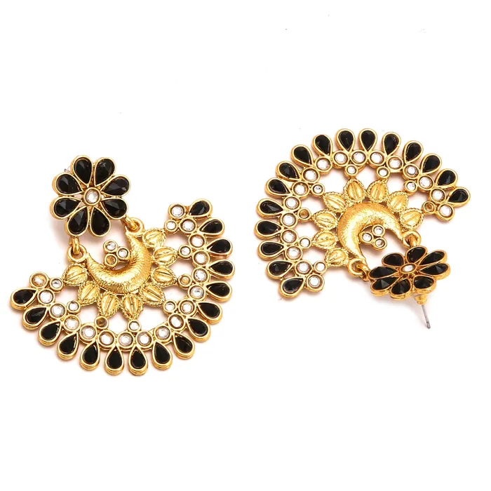 Necklaces Yellow Chimes Yellow Chimes Ethnic Black Kundan Studded Traditional Gold Plated Chand Bali Earrings for Women and Girls