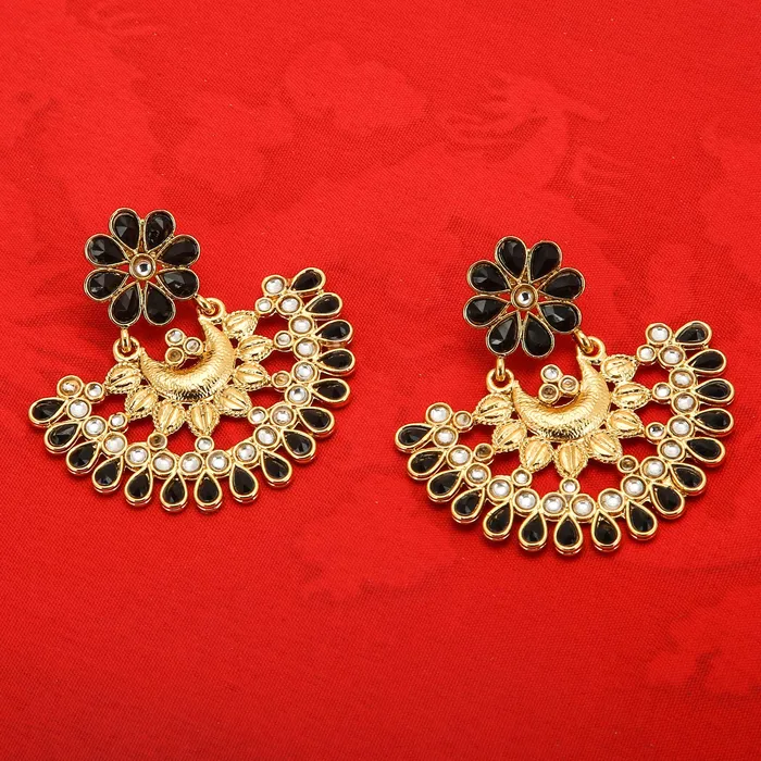 Necklaces Yellow Chimes Yellow Chimes Ethnic Black Kundan Studded Traditional Gold Plated Chand Bali Earrings for Women and Girls