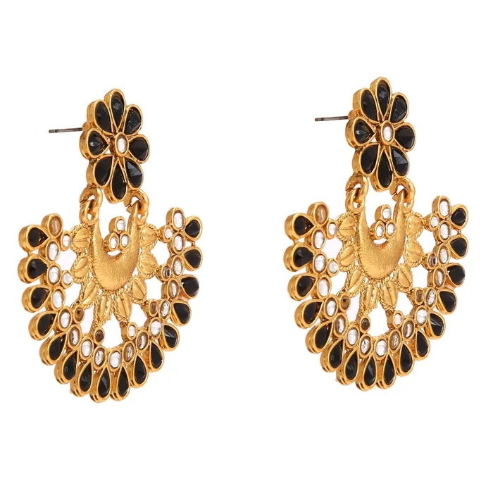 Necklaces Yellow Chimes Yellow Chimes Ethnic Black Kundan Studded Traditional Gold Plated Chand Bali Earrings for Women and Girls