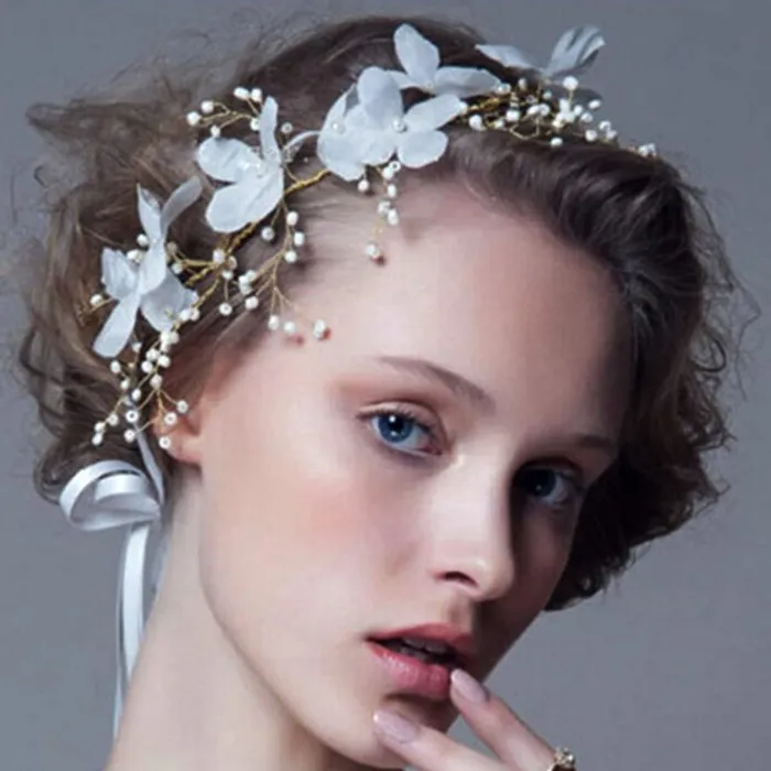 Necklaces Yellow Chimes Yellow Chimes Hair Vines For Women Pearl Bead Flower Headwear Womens Hair Bridal Wedding Handmade Ribbon headband For Women and Girls