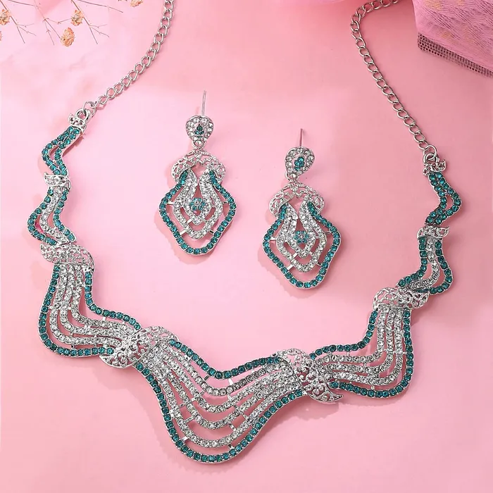 Necklaces Yellow Chimes Yellow Chimes Jewellery Set for Women and Girls Crystal Jewellery Set for Women Silver Tone Crystal Choker Necklace Set Birthday Gift for girls and women Anniversary Gift for Wife
