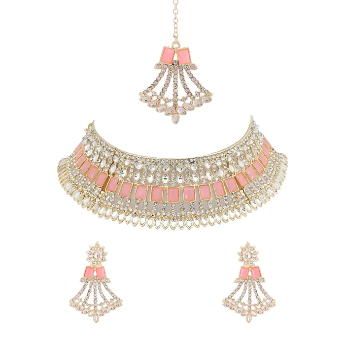Necklaces Yellow Chimes Yellow Chimes Jewellery Set for Women and Girls Kundan Necklace Set Gold Plated Kundan Pink Crystal Studded Choker Necklace Set Birthday Gift for girls and women Anniversary Gift for Wife