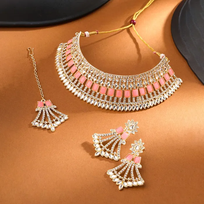 Necklaces Yellow Chimes Yellow Chimes Jewellery Set for Women and Girls Kundan Necklace Set Gold Plated Kundan Pink Crystal Studded Choker Necklace Set Birthday Gift for girls and women Anniversary Gift for Wife