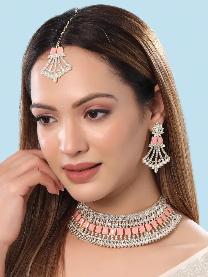 Necklaces Yellow Chimes Yellow Chimes Jewellery Set for Women and Girls Kundan Necklace Set Gold Plated Kundan Pink Crystal Studded Choker Necklace Set Birthday Gift for girls and women Anniversary Gift for Wife
