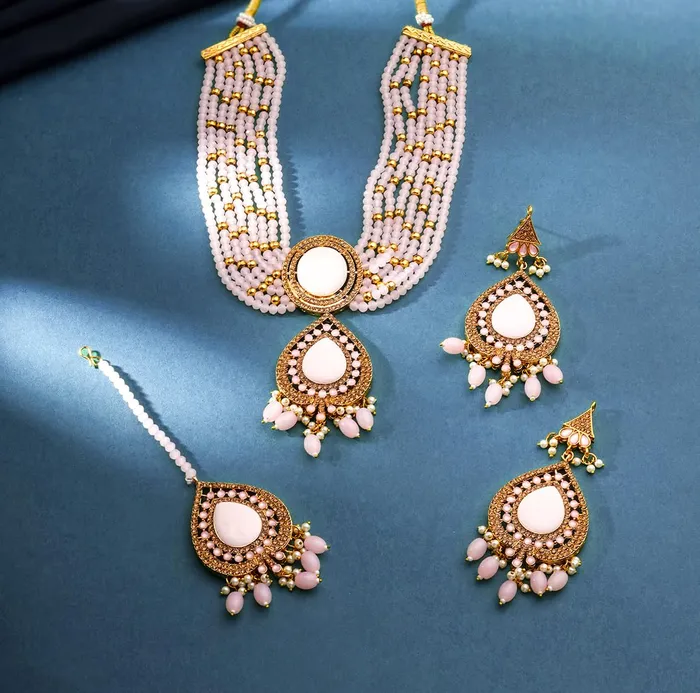 Necklaces Yellow Chimes Yellow Chimes Jewellery Set For Women Multilayered Pink Beads Necklace Set Traditional Gold Plated Ethnic Beads Birthday Gift for Girls Women Anniversary Gift for Wife