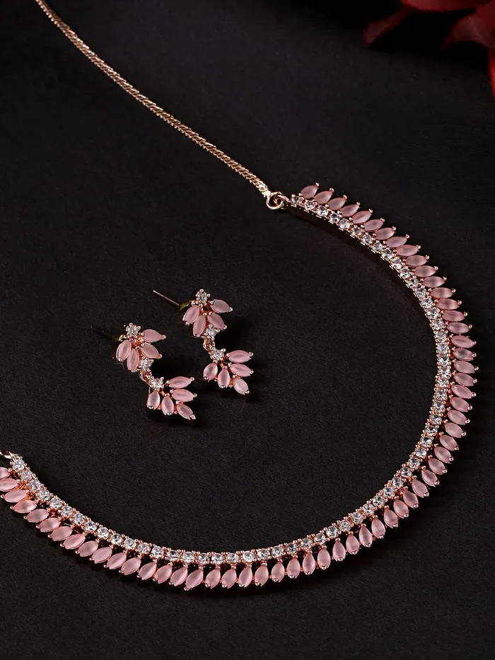 Necklaces Yellow Chimes Yellow Chimes Jewellery Set For Women Rose Gold Toned ADAmerican Diamond Studded Necklace Set For Women and Girls