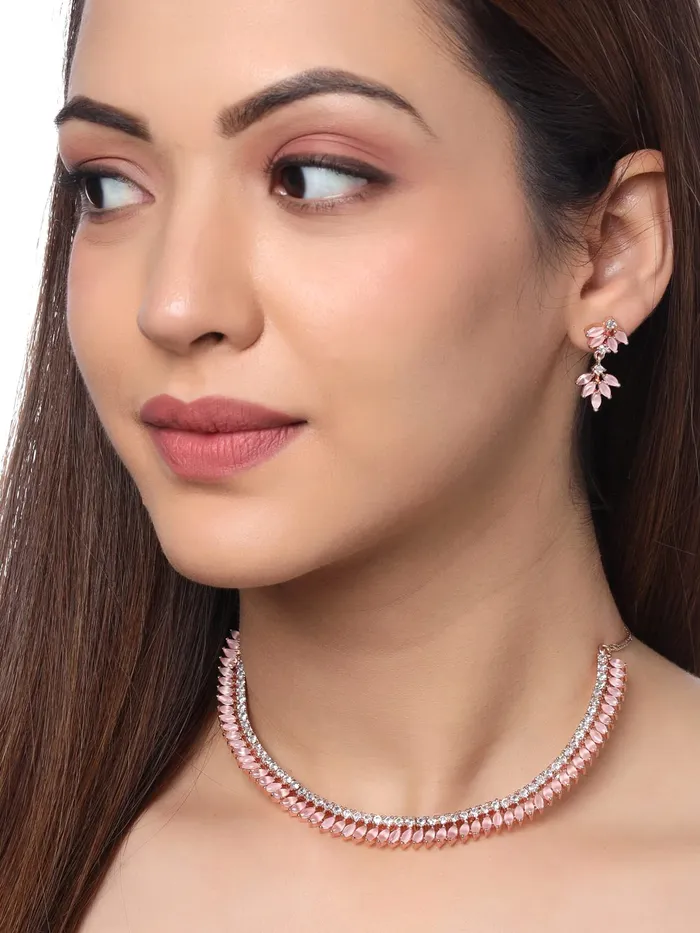 Necklaces Yellow Chimes Yellow Chimes Jewellery Set For Women Rose Gold Toned ADAmerican Diamond Studded Necklace Set For Women and Girls