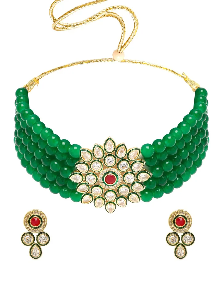 Necklaces Yellow Chimes Yellow Chimes Kundan Jewellery Set for Women Green Beads Jewellery Set Ethnic Traditional Choker Necklace Set for Women and Girls Necklaces Yellow Chimes Yellow Chimes Kundan Jewellery Set for Women Green Beads Jewellery Set Ethnic Traditional Choker Necklace Set for Women and Girls