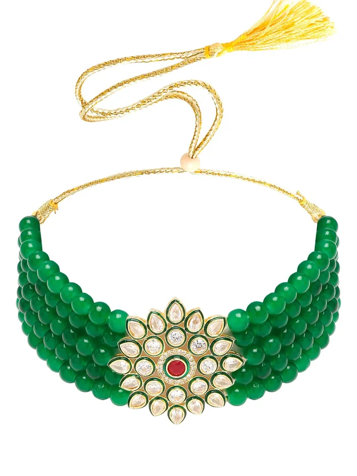 Necklaces Yellow Chimes Yellow Chimes Kundan Jewellery Set for Women Green Beads Jewellery Set Ethnic Traditional Choker Necklace Set for Women and Girls