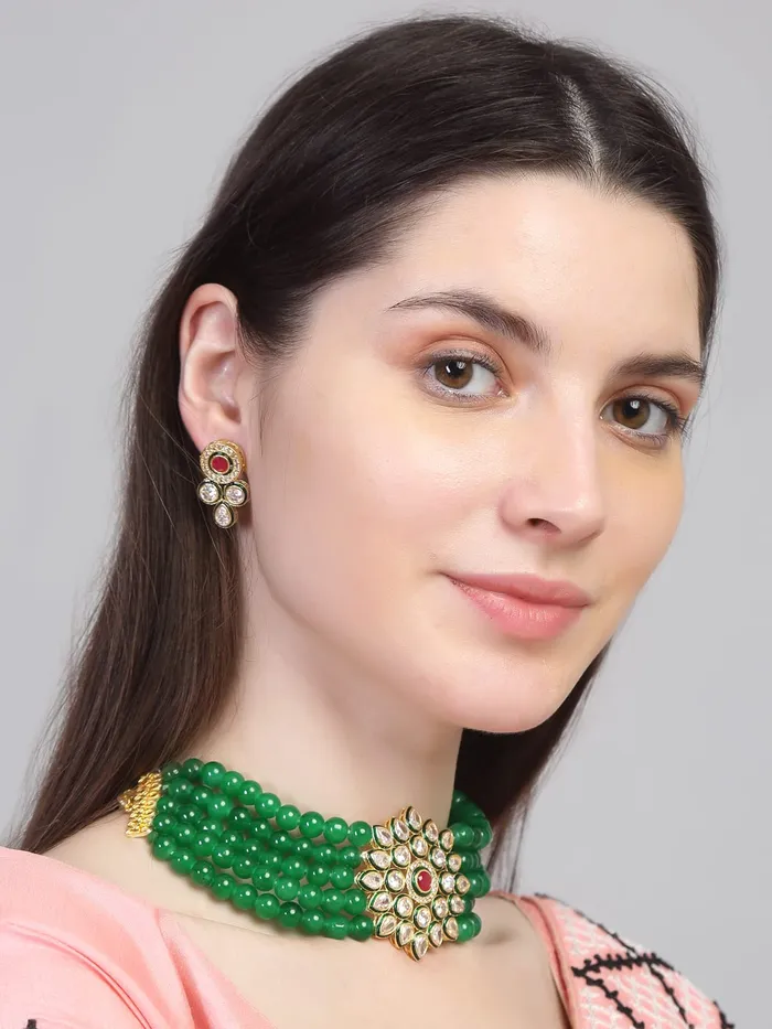 Necklaces Yellow Chimes Yellow Chimes Kundan Jewellery Set for Women Green Beads Jewellery Set Ethnic Traditional Choker Necklace Set for Women and Girls