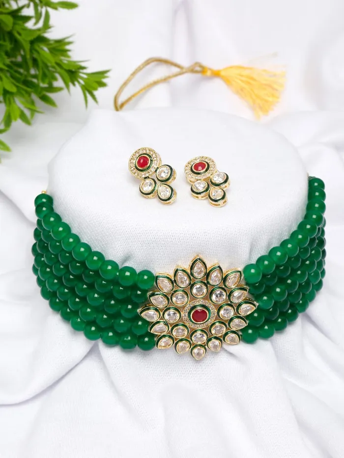 Necklaces Yellow Chimes Yellow Chimes Kundan Jewellery Set for Women Green Beads Jewellery Set Ethnic Traditional Choker Necklace Set for Women and Girls