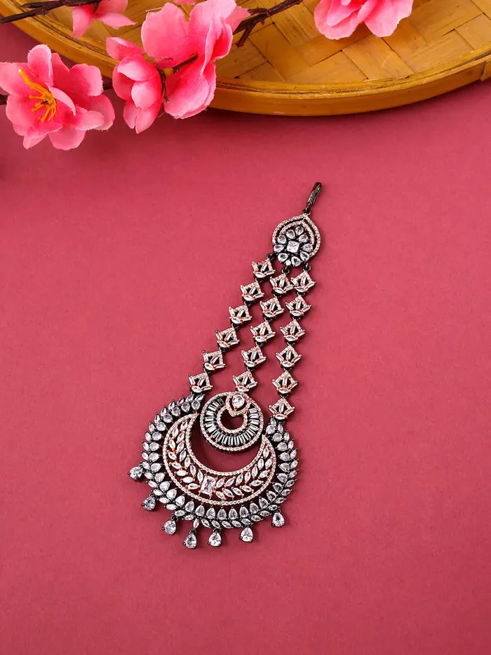 Necklaces Yellow Chimes Yellow Chimes Maang Tikka for Women Beautiful ADAmerican Diamond Studded Rhodium Plated Crystal Maang Tikka for Women and Girls Design 16