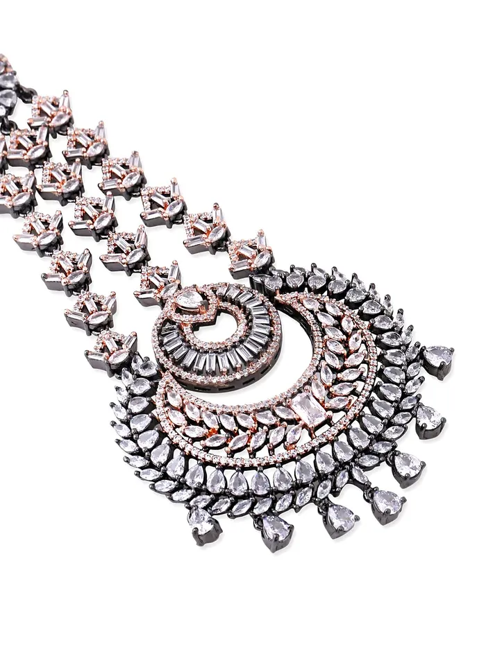 Necklaces Yellow Chimes Yellow Chimes Maang Tikka for Women Beautiful ADAmerican Diamond Studded Rhodium Plated Crystal Maang Tikka for Women and Girls Design 16