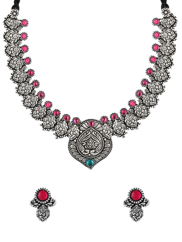 Necklaces Yellow Chimes Yellow Chimes Oxidised Jewellery Set for Women Authentic Kolhapuri Work Handmade Silver Pink Kundan Choker Necklace Sets for Women and Girls Necklaces Yellow Chimes Yellow Chimes Oxidised Jewellery Set for Women Authentic Kolhapuri Work Handmade Silver Pink Kundan Choker Necklace Sets for Women and Girls