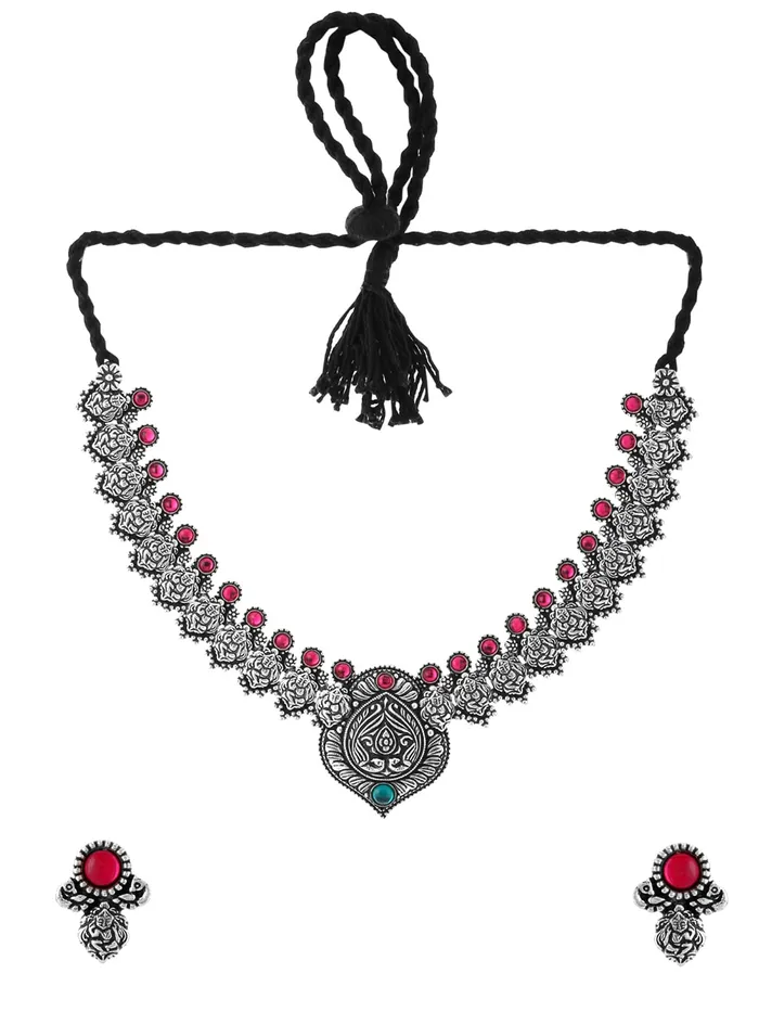 Necklaces Yellow Chimes Yellow Chimes Oxidised Jewellery Set for Women Authentic Kolhapuri Work Handmade Silver Pink Kundan Choker Necklace Sets for Women and Girls