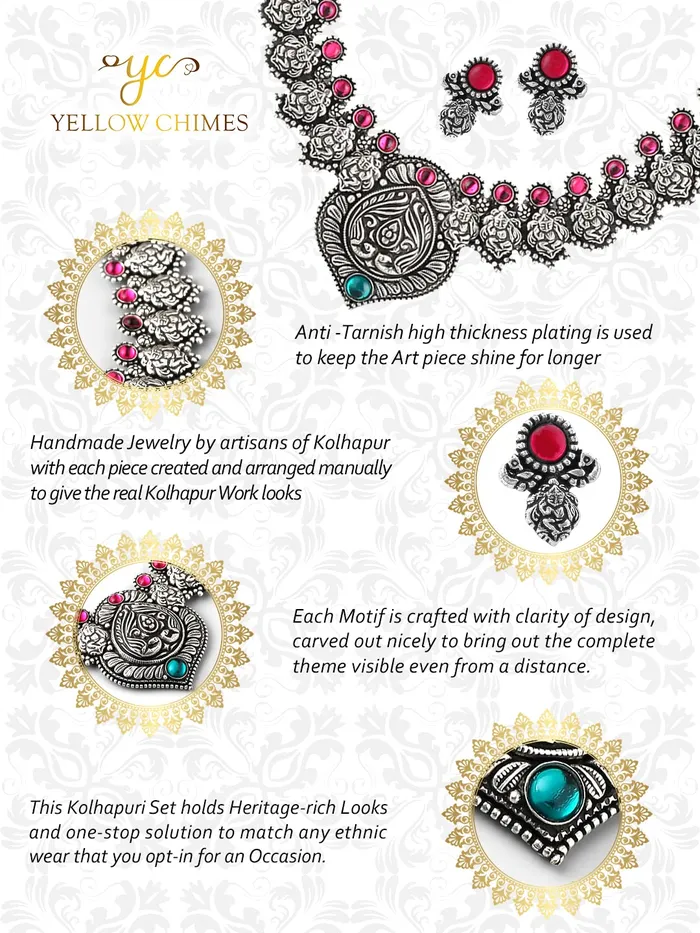 Necklaces Yellow Chimes Yellow Chimes Oxidised Jewellery Set for Women Authentic Kolhapuri Work Handmade Silver Pink Kundan Choker Necklace Sets for Women and Girls