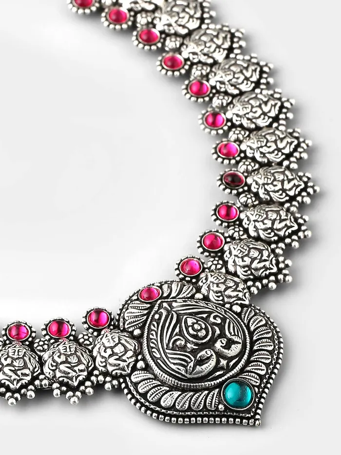 Necklaces Yellow Chimes Yellow Chimes Oxidised Jewellery Set for Women Authentic Kolhapuri Work Handmade Silver Pink Kundan Choker Necklace Sets for Women and Girls