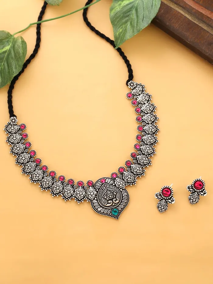 Necklaces Yellow Chimes Yellow Chimes Oxidised Jewellery Set for Women Authentic Kolhapuri Work Handmade Silver Pink Kundan Choker Necklace Sets for Women and Girls