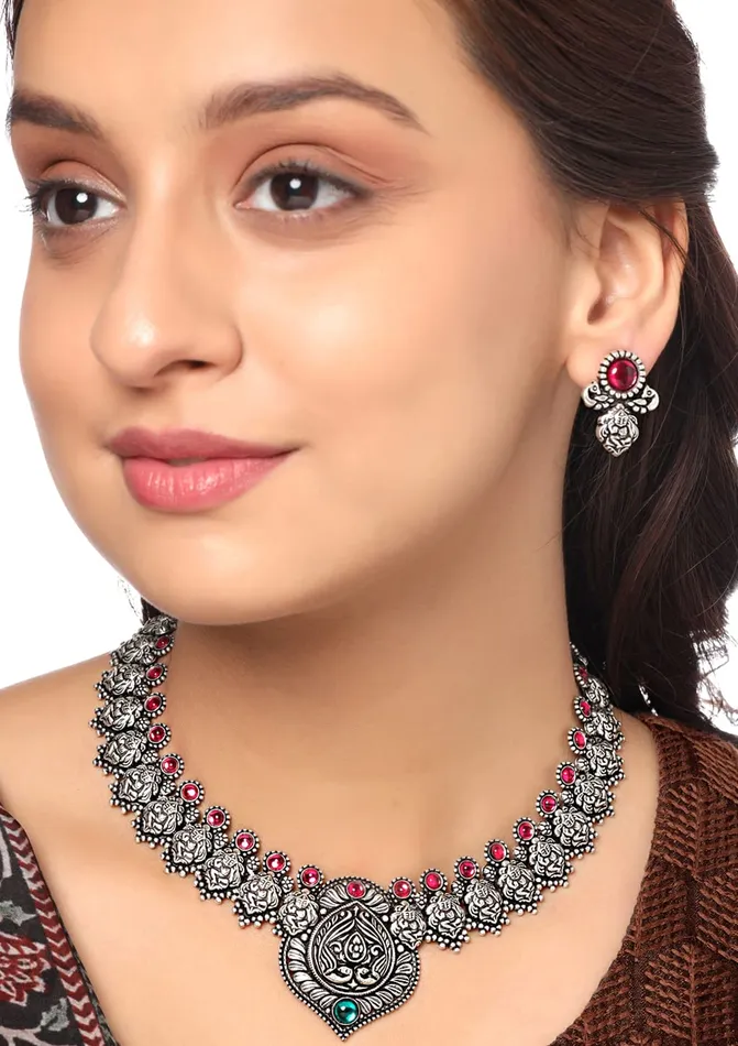 Necklaces Yellow Chimes Yellow Chimes Oxidised Jewellery Set for Women Authentic Kolhapuri Work Handmade Silver Pink Kundan Choker Necklace Sets for Women and Girls