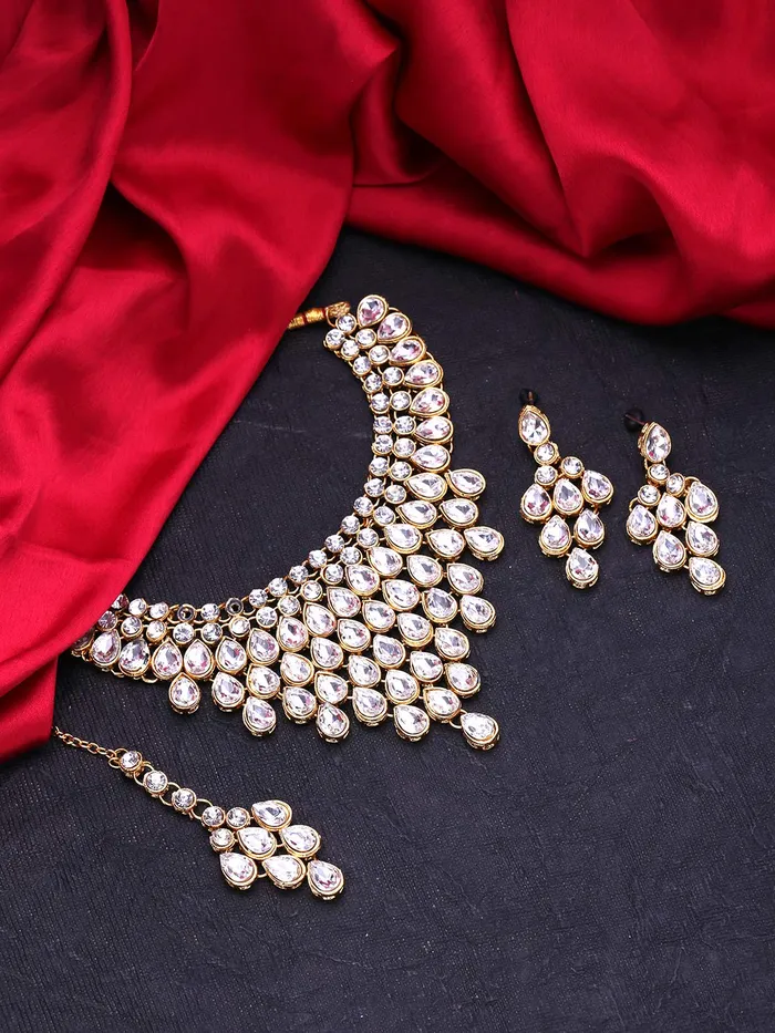 Necklaces Yellow Chimes Yellow Chimes Stylish Dulhan Kundan Jewellery Set Gold Plated Traditional White Choker Necklace Set for Women Girls