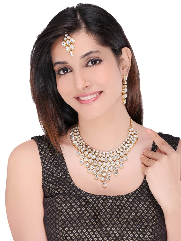 Necklaces Yellow Chimes Yellow Chimes Stylish Dulhan Kundan Jewellery Set Gold Plated Traditional White Choker Necklace Set for Women Girls