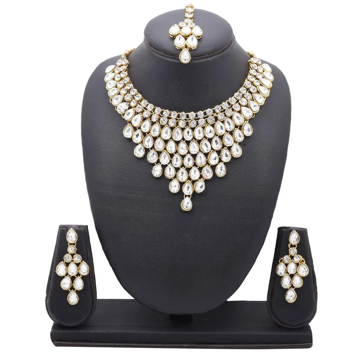 Necklaces Yellow Chimes Yellow Chimes Stylish Dulhan Kundan Jewellery Set Gold Plated Traditional White Choker Necklace Set for Women Girls