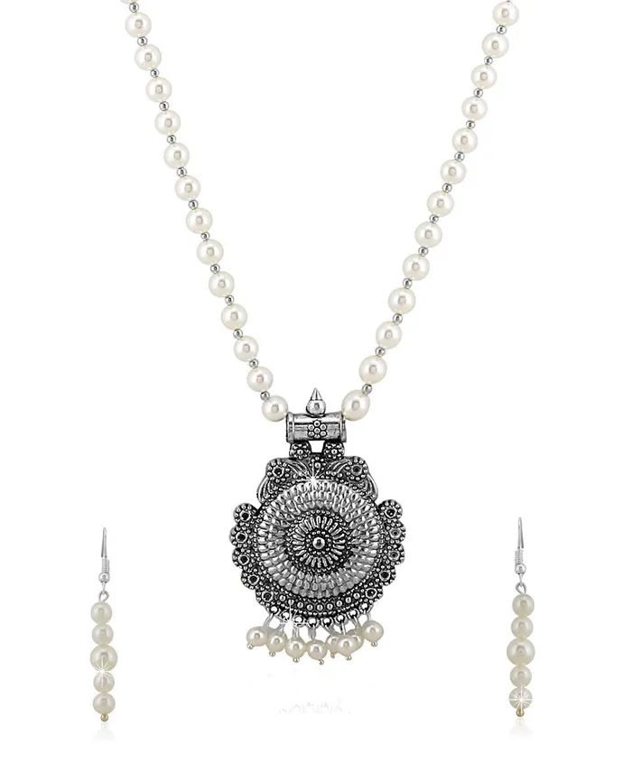 Necklaces Yellow Chimes Yellow Chimes Traditional Pearl Beads Silver Oxidized Charm Pendant Necklace set With Drop Earrings Jewellery Set for Women Necklaces Yellow Chimes Yellow Chimes Traditional Pearl Beads Silver Oxidized Charm Pendant Necklace set With Drop Earrings Jewellery Set for Women
