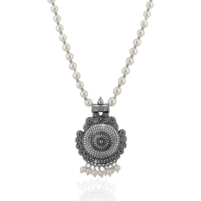 Necklaces Yellow Chimes Yellow Chimes Traditional Pearl Beads Silver Oxidized Charm Pendant Necklace set With Drop Earrings Jewellery Set for Women