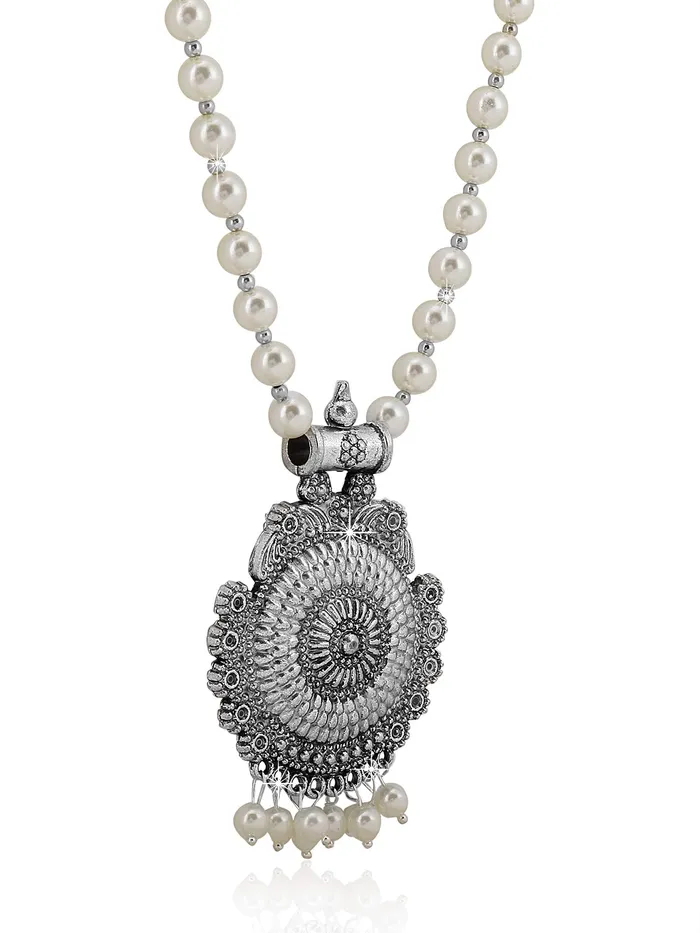 Necklaces Yellow Chimes Yellow Chimes Traditional Pearl Beads Silver Oxidized Charm Pendant Necklace set With Drop Earrings Jewellery Set for Women