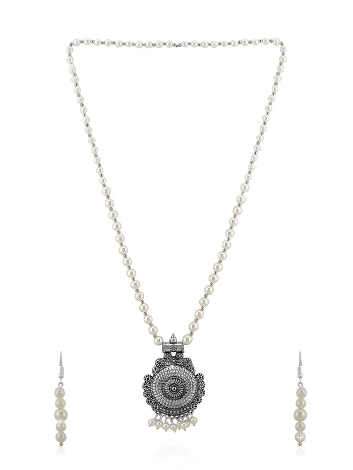 Necklaces Yellow Chimes Yellow Chimes Traditional Pearl Beads Silver Oxidized Charm Pendant Necklace set With Drop Earrings Jewellery Set for Women