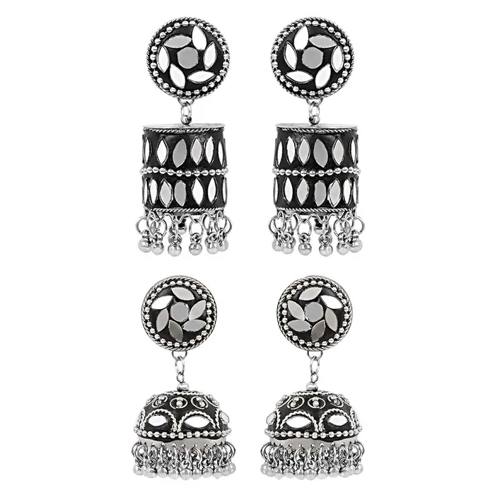 PreStyled Sets Yellow Chimes Combo of 2 Pairs Traditional Silver Oxidised Mirror Worked Jhumka Jhumki Earrings for Women and Girls Yellow Chimes PreStyled Sets Yellow Chimes Combo of 2 Pairs Traditional Silver Oxidised Mirror Worked Jhumka Jhumki Earrings for Women and Girls Yellow Chimes