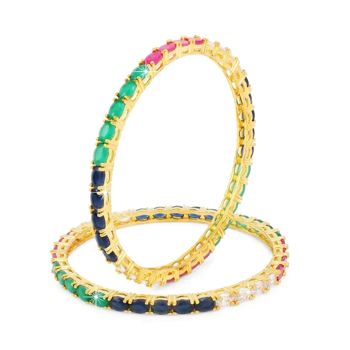 PreStyled Sets Yellow Chimes Elegant Multicolor ADAmerican Diamond Studded 18k Gold Plated Classic 2 PCs Handcrafted Bangles Set for Women Girls 24 Yellow Chimes