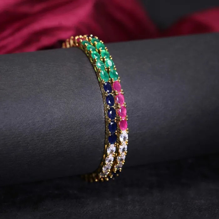 PreStyled Sets Yellow Chimes Elegant Multicolor ADAmerican Diamond Studded 18k Gold Plated Classic 2 PCs Handcrafted Bangles Set for Women Girls 24 Yellow Chimes