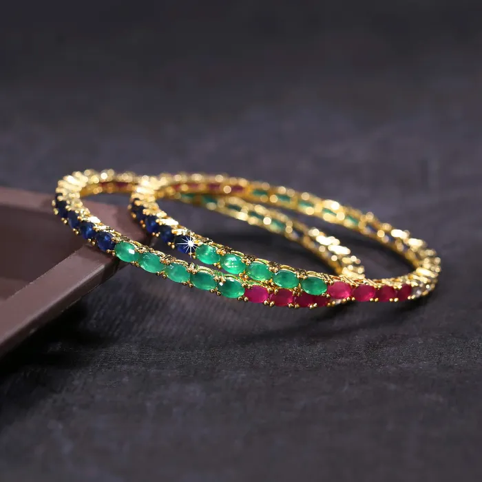 PreStyled Sets Yellow Chimes Elegant Multicolor ADAmerican Diamond Studded 18k Gold Plated Classic 2 PCs Handcrafted Bangles Set for Women Girls 24 Yellow Chimes