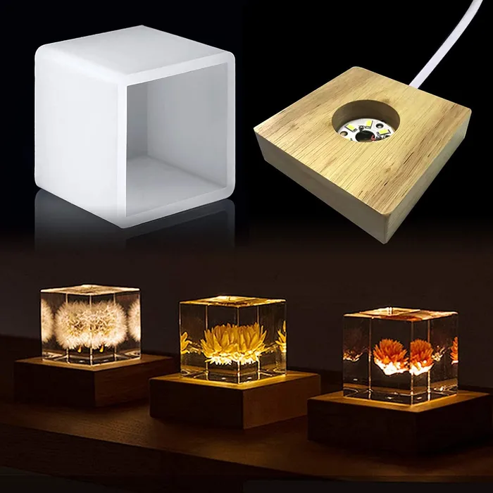 Resinarthub Square Silicone Mold Light Lamp with Wooden Lighted Base Necklaces