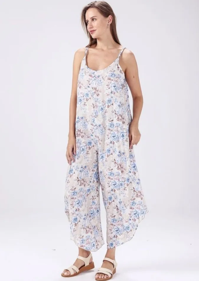 Rings Candlewick Gift Shop Blue Floral Jumpsuit One Size