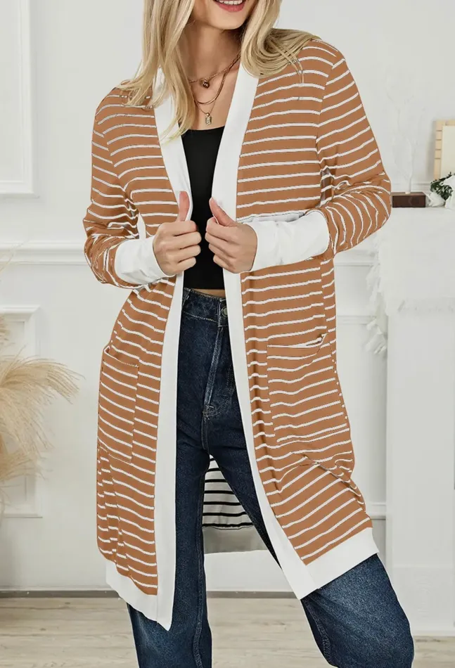 Rings Lalaloo Stripe Open Front Cardigan Cafe Brown