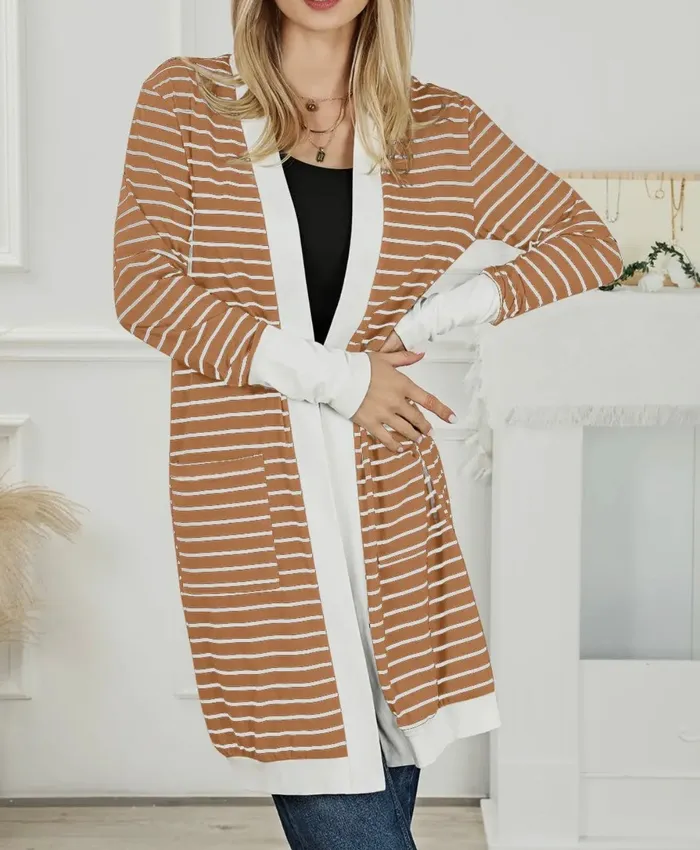 Rings Lalaloo Stripe Open Front Cardigan Cafe Brown