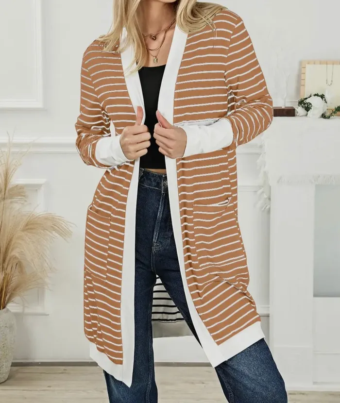 Rings Lalaloo Stripe Open Front Cardigan Cafe Brown