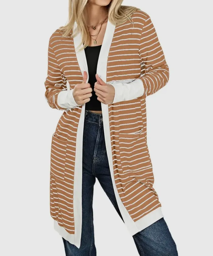 Rings Lalaloo Stripe Open Front Cardigan Cafe Brown