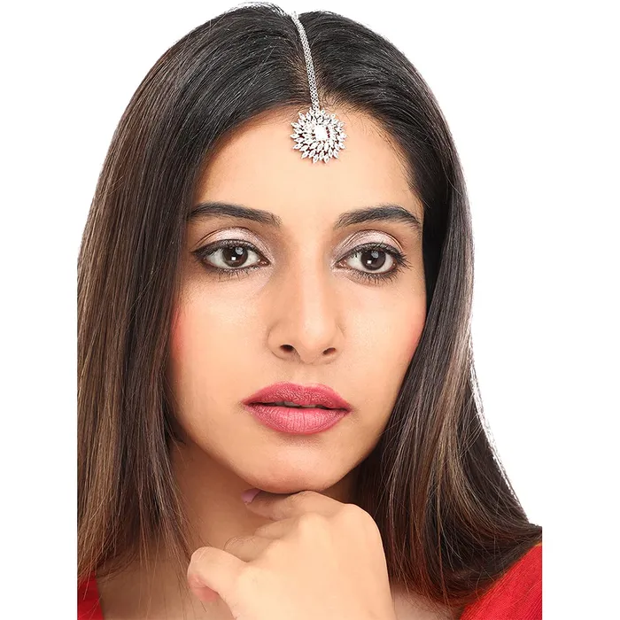 Rings Yellow Chimes Yellow Chimes American Diamond Maang Tikka for Women Rhodium Plated High Grade Authentic White AD Jewellery Maang Tikka for Women and Girls