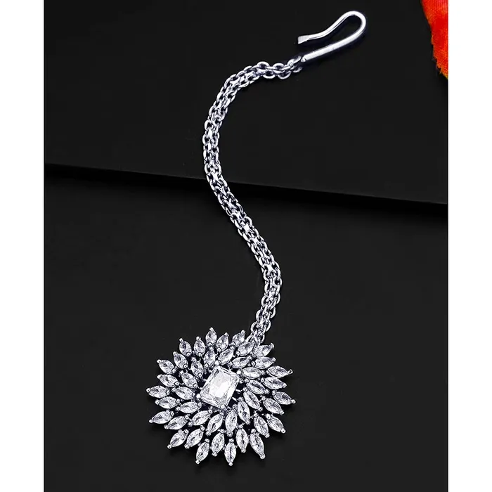 Rings Yellow Chimes Yellow Chimes American Diamond Maang Tikka for Women Rhodium Plated High Grade Authentic White AD Jewellery Maang Tikka for Women and Girls