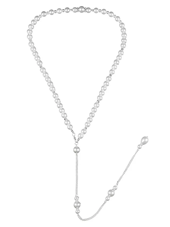 Rings Yellow Chimes Yellow Chimes Back Necklace For Women Silver Tone Pearl Embellished Back Chain For Women and Girls