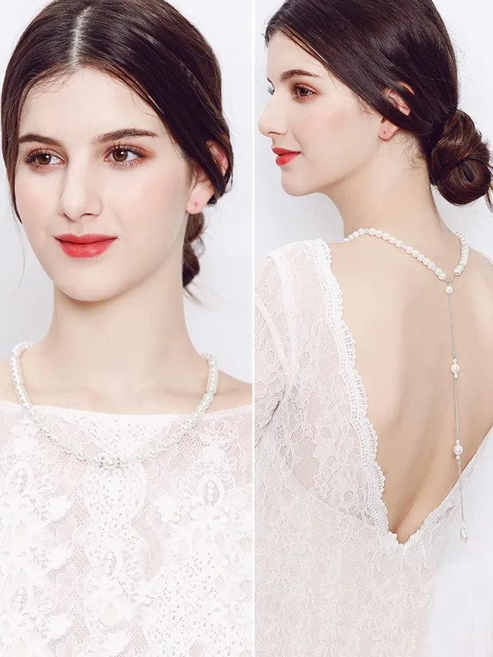 Rings Yellow Chimes Yellow Chimes Back Necklace For Women Silver Tone Pearl Embellished Back Chain For Women and Girls